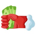 icon of Santa Claus\' hand holding a handful of paper green banknotes in his fist Royalty Free Stock Photo